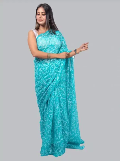 "ADR Women's Lucknow Chikankari Tepchi Work Georgette Saree (Color Chart Available)"