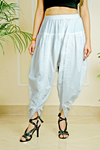 Women's Chikankari Dhoti-Style Pant Elegant Handcrafted White Ethnic Bottomwear