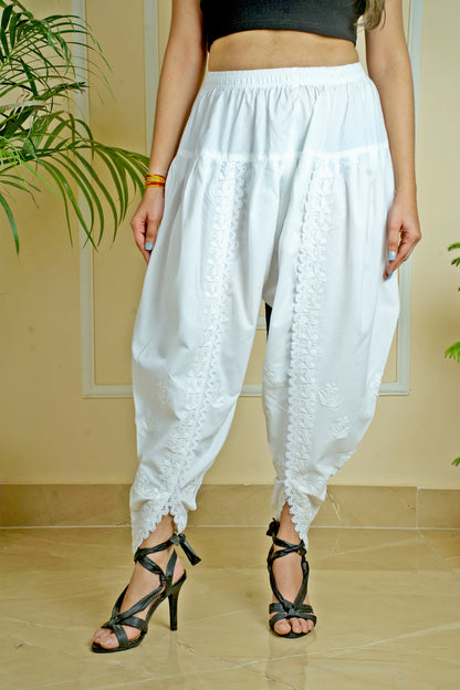 Lucknowi Chikankari Handcrafted Cotton White Tulip Pant (Dhoti) | ADR Chikan