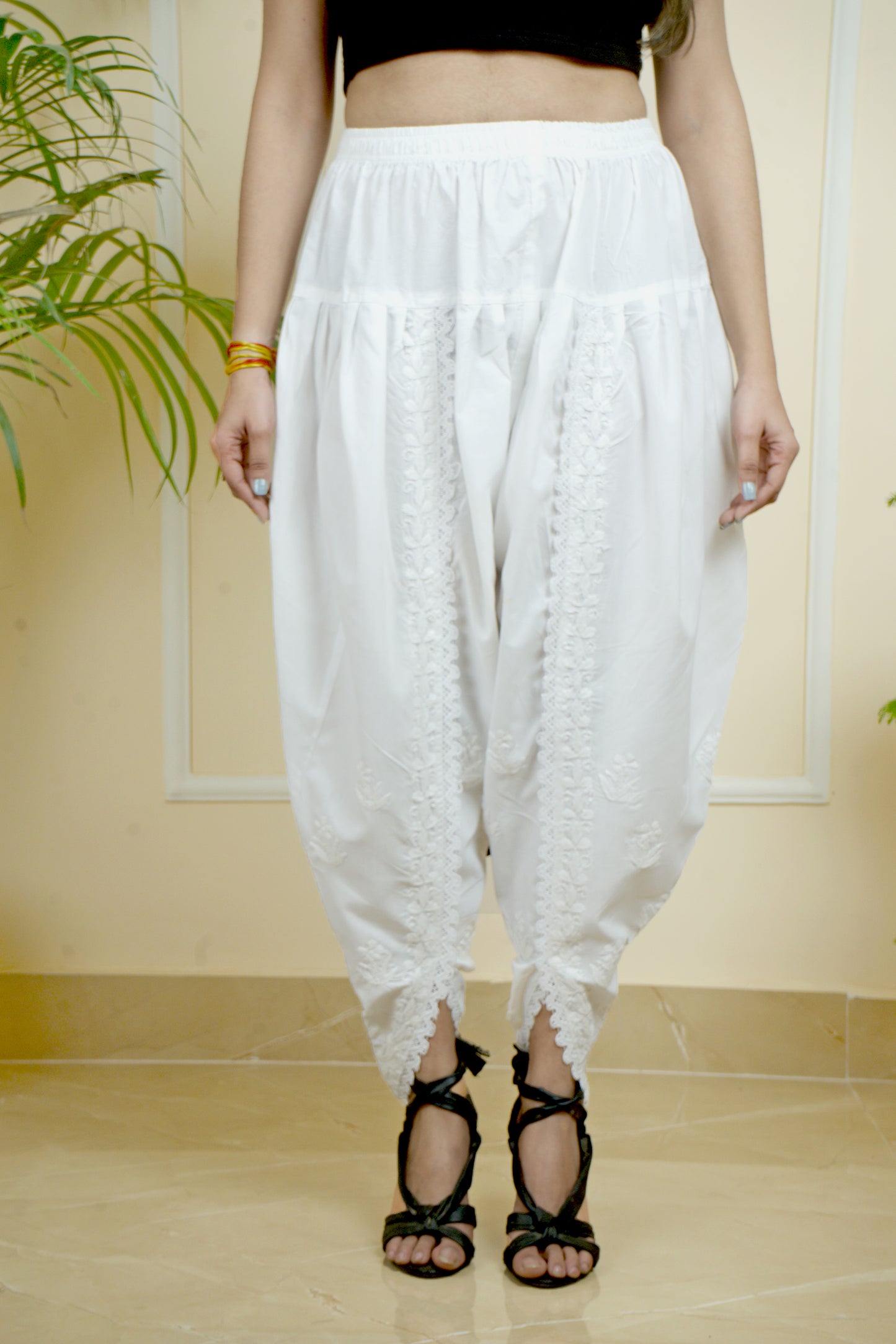 Lucknowi Chikankari Handcrafted Cotton White Tulip Pant (Dhoti) | ADR Chikan