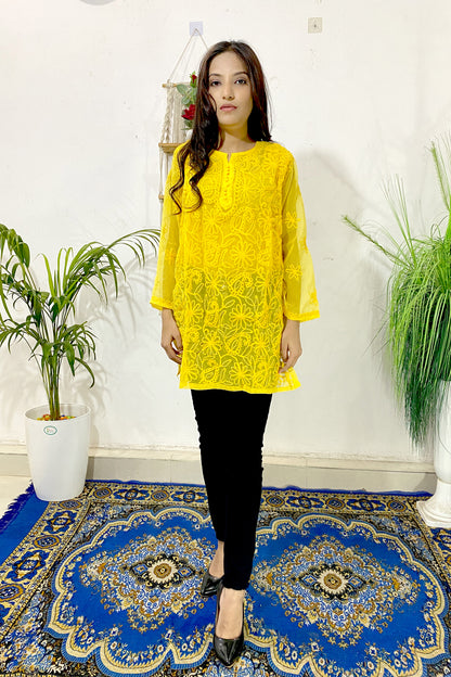 Elegant Lucknowi Chikankari Aari Work Embroidered Short Straight Kurti