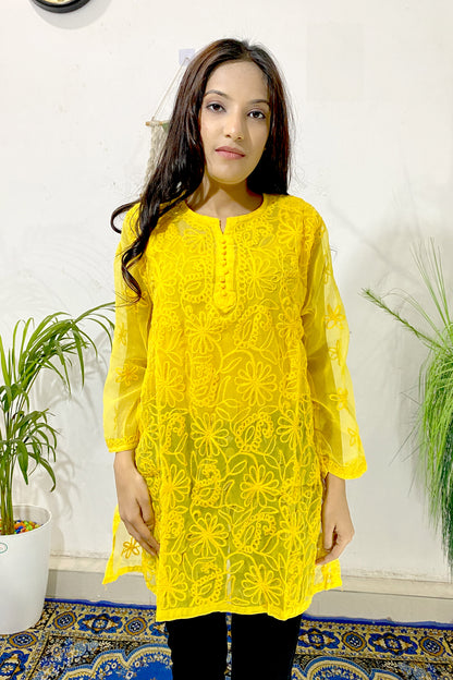 Elegant Lucknowi Chikankari Aari Work Embroidered Short Straight Kurti