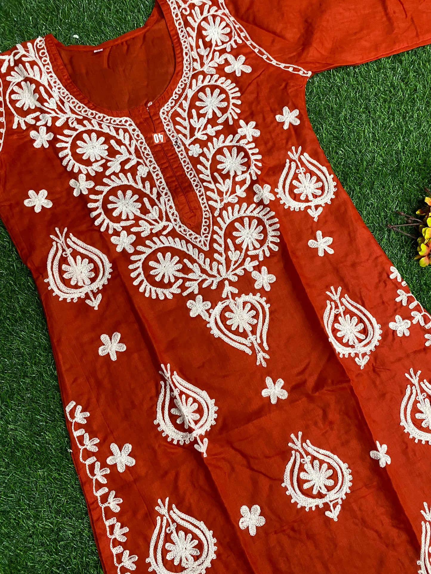 Ferra Lucknowi chikankari Aari work Cotton Red Color Long Kurtis