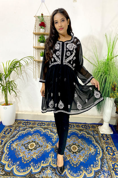 Lucknowi Chikankari Short Gown Frock Style Handwork Kurti By ADR Chikan (COLOR CHART)