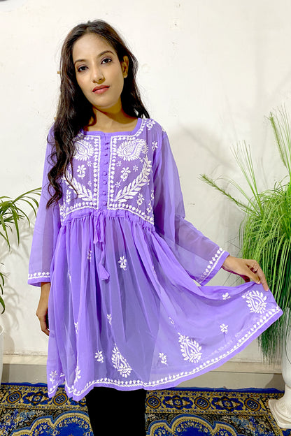 Lucknowi Chikankari Short Gown Frock Style Handwork Kurti By ADR Chikan (COLOR CHART)