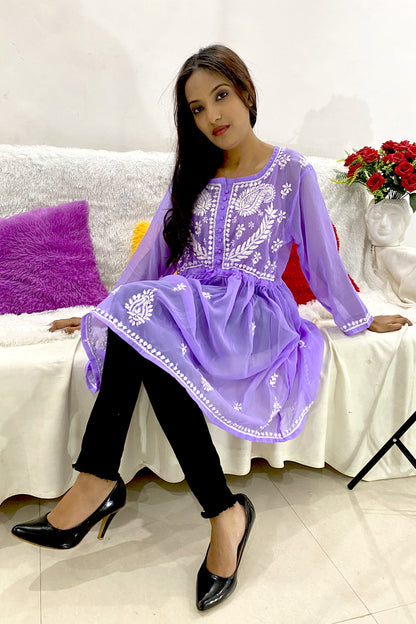 Lucknowi Chikankari Short Gown Frock Style Handwork Kurti By ADR Chikan (COLOR CHART)