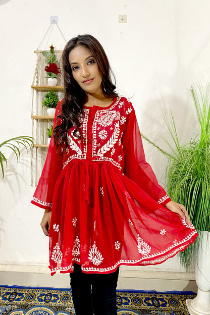 Lucknowi Chikankari Short Gown Frock Style Handwork Kurti By ADR Chikan (COLOR CHART)