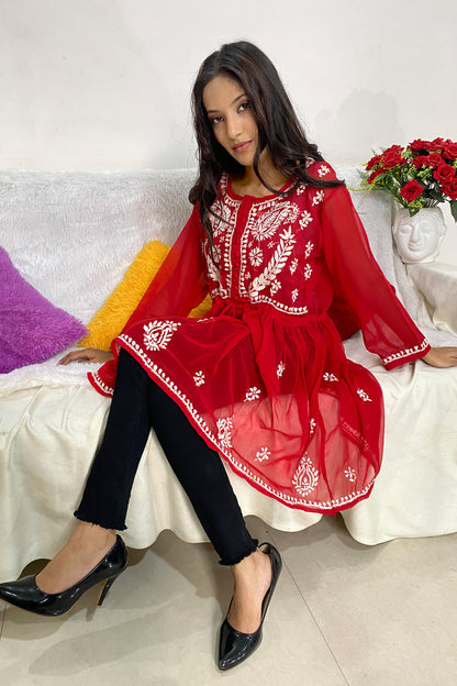 Lucknowi Chikankari Short Gown Frock Style Handwork Kurti By ADR Chikan (COLOR CHART)