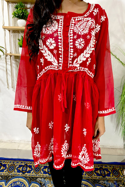 Lucknowi Chikankari Short Gown Frock Style Handwork Kurti By ADR Chikan (COLOR CHART)