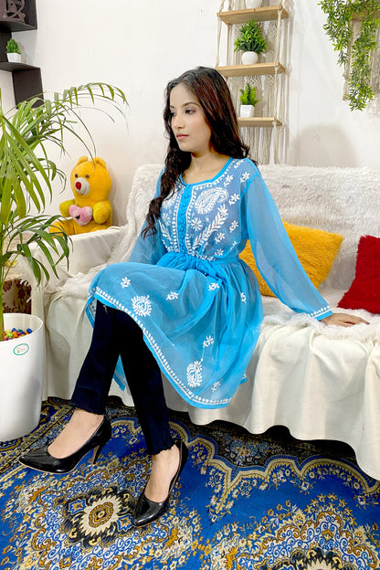 Lucknowi Chikankari Short Gown Frock Style Handwork Kurti By ADR Chikan (COLOR CHART)