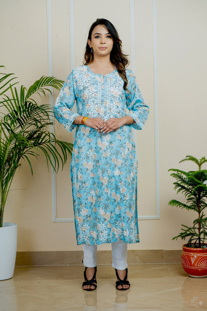 Lucknowi Chikankari Mul Mul Cotton Printed Kurti  ADR Chikan (Color Chart)