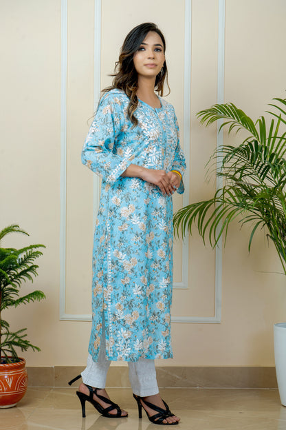 Lucknowi Chikankari Mul Mul Cotton Printed Kurti  ADR Chikan (Color Chart)