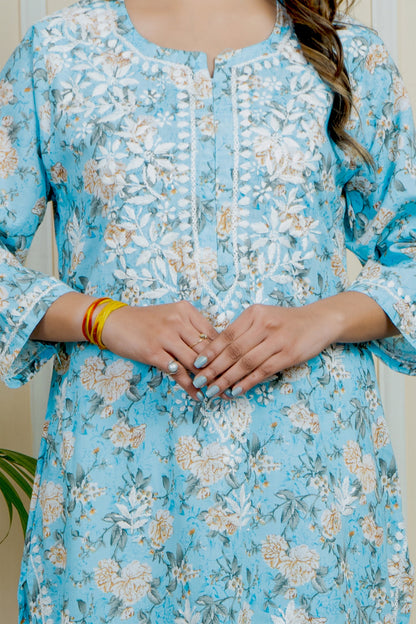 Lucknowi Chikankari Mul Mul Cotton Printed Kurti  ADR Chikan (Color Chart)