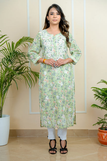 Lucknowi Chikankari Mul Mul Cotton Printed Kurti  ADR Chikan (Color Chart)