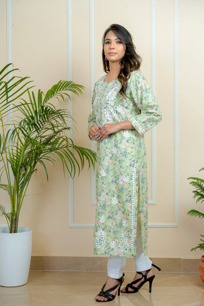 Lucknowi Chikankari Mul Mul Cotton Printed Kurti  ADR Chikan (Color Chart)