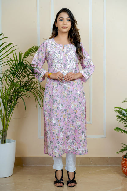 Lucknowi Chikankari Handcrafted Printed Cotton Bollywood-Style Kurti | ADR Chikan