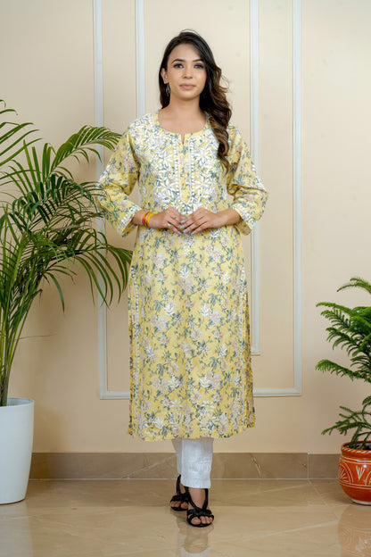 Lucknowi Chikankari Handcrafted Printed Cotton Bollywood-Style Kurti | ADR Chikan