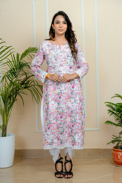 ADR Chikan Hand-Embroidered Mul Mul Cotton Flower Printed with Attach Lace Kurti (COLOR CHART)