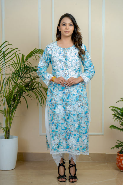 ADR Chikan Hand-Embroidered Mul Mul Cotton Flower Printed with Attach Lace Kurti (COLOR CHART)