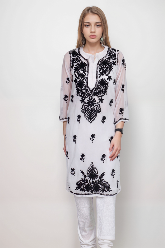 Kashmiri Work Georgette Chikankari Kurta with Lining &amp; Lycra Cotton Stretchable Pant Set | ADR Chikan