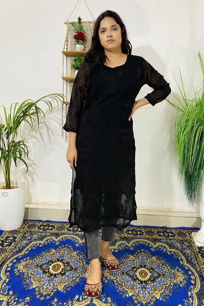 Summer Celebrity Collection Kashmiri Work Georgette Chikankari Long Kurta with Lining | ADR Chikan