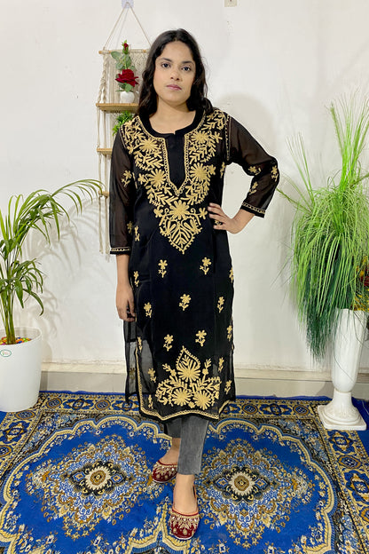 Summer Celebrity Collection Kashmiri Work Georgette Chikankari Long Kurta with Lining | ADR Chikan