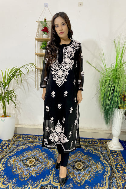 Summer Celebrity Collection Kashmiri Work Georgette Chikankari Long Kurta with Lining | ADR Chikan