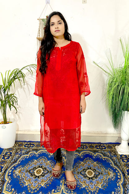 Summer Celebrity Collection Kashmiri Work Georgette Chikankari Long Kurta with Lining | ADR Chikan