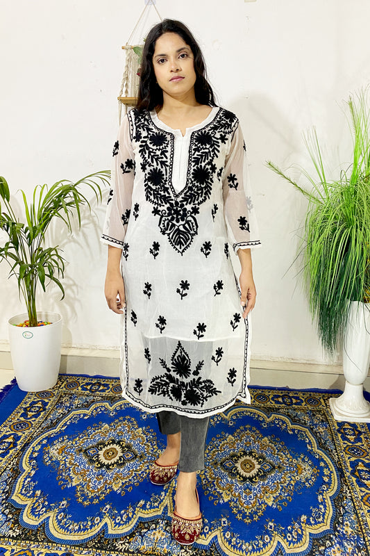 Summer Celebrity Collection Kashmiri Work Georgette Chikankari Long Kurta with Lining | ADR Chikan