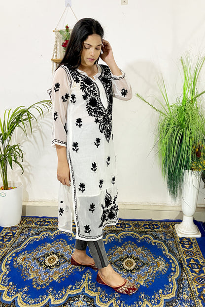 Summer Celebrity Collection Kashmiri Work Georgette Chikankari Long Kurta with Lining | ADR Chikan