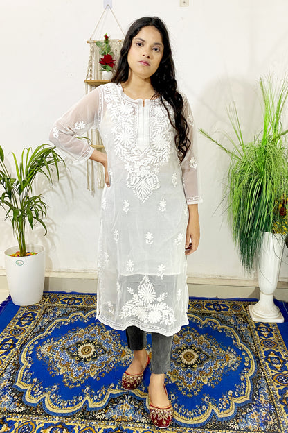Summer Celebrity Collection Kashmiri Work Georgette Chikankari Long Kurta with Lining | ADR Chikan