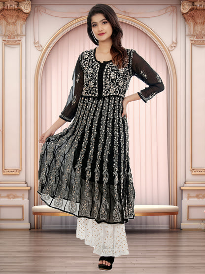 Lucknowi Chikankari Gota Patti Work Anarkali Gown with Gota Patti Sharara Set | ADR Chikan
