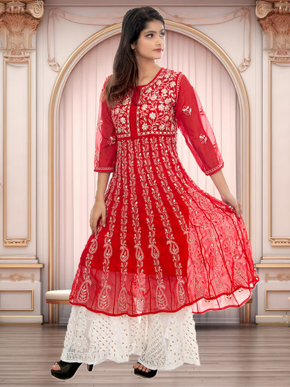 Lucknowi Chikankari Gota Patti Work Anarkali Gown with Gota Patti Sharara Set | ADR Chikan