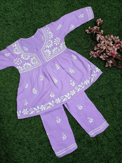 ADR Chikan Lucknowi Chikankari Kids Kurti with Plazzo Set