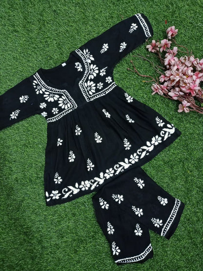 ADR Chikan Lucknowi Chikankari Kids Black Kurti with Plazzo Set
