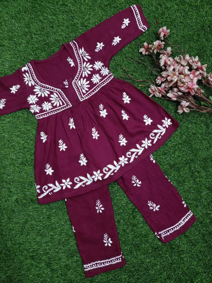 ADR Chikan Lucknowi Chikankari Kids Kurti with Plazzo Set | Handcrafted Embroidered Ethnic Wear for Girls | Comfortable & Stylish Traditional Outfit