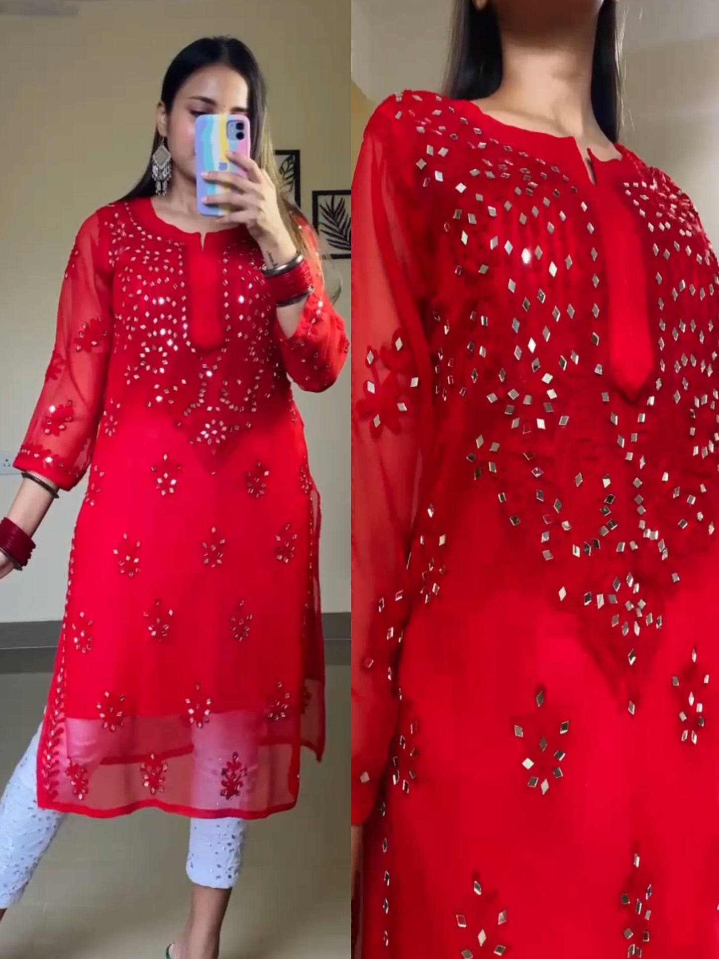 Aradhana Real Mirror work Aari Chikankari Long Kurta with Matching camisole(Color Chart)