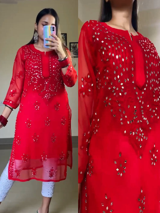 Aradhana Real Mirror work Aari Chikankari Long Kurta with Matching camisole(Color Chart)