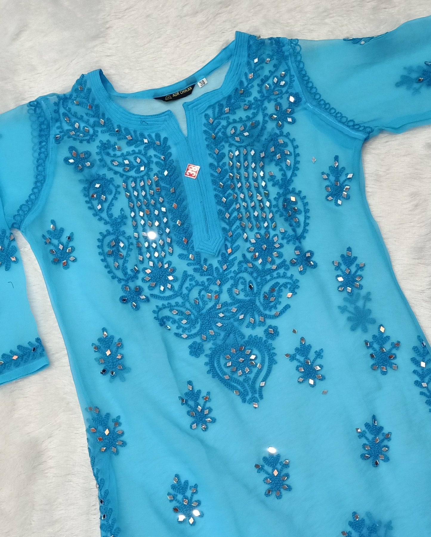 Riya Real Mirror work Aari Chikankari Sky Blue Long Kurta with Matching camisole (Inner)
