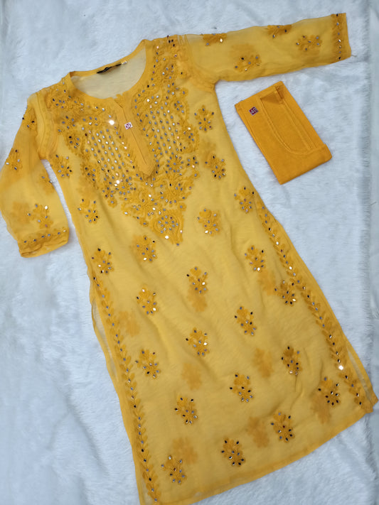 Neha Real Mirror work Aari Chikankari Yellow Long Kurta with Matching camisole (Inner)