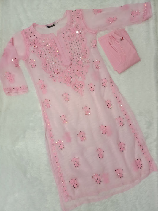 Naira Real Mirror work Aari Chikankari Baby Pink Long Kurta with Matching camisole (Inner)