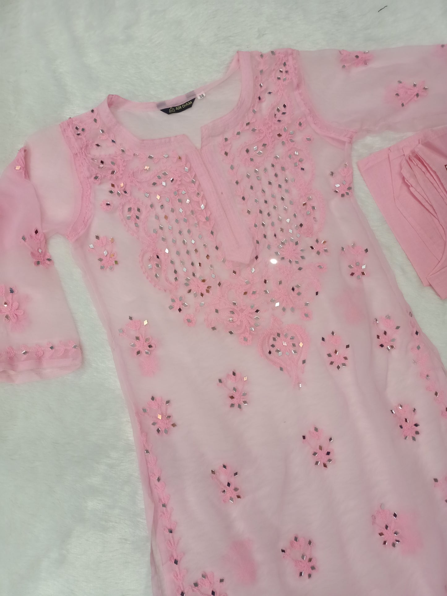 Naira Real Mirror work Aari Chikankari Baby Pink Long Kurta with Matching camisole (Inner)