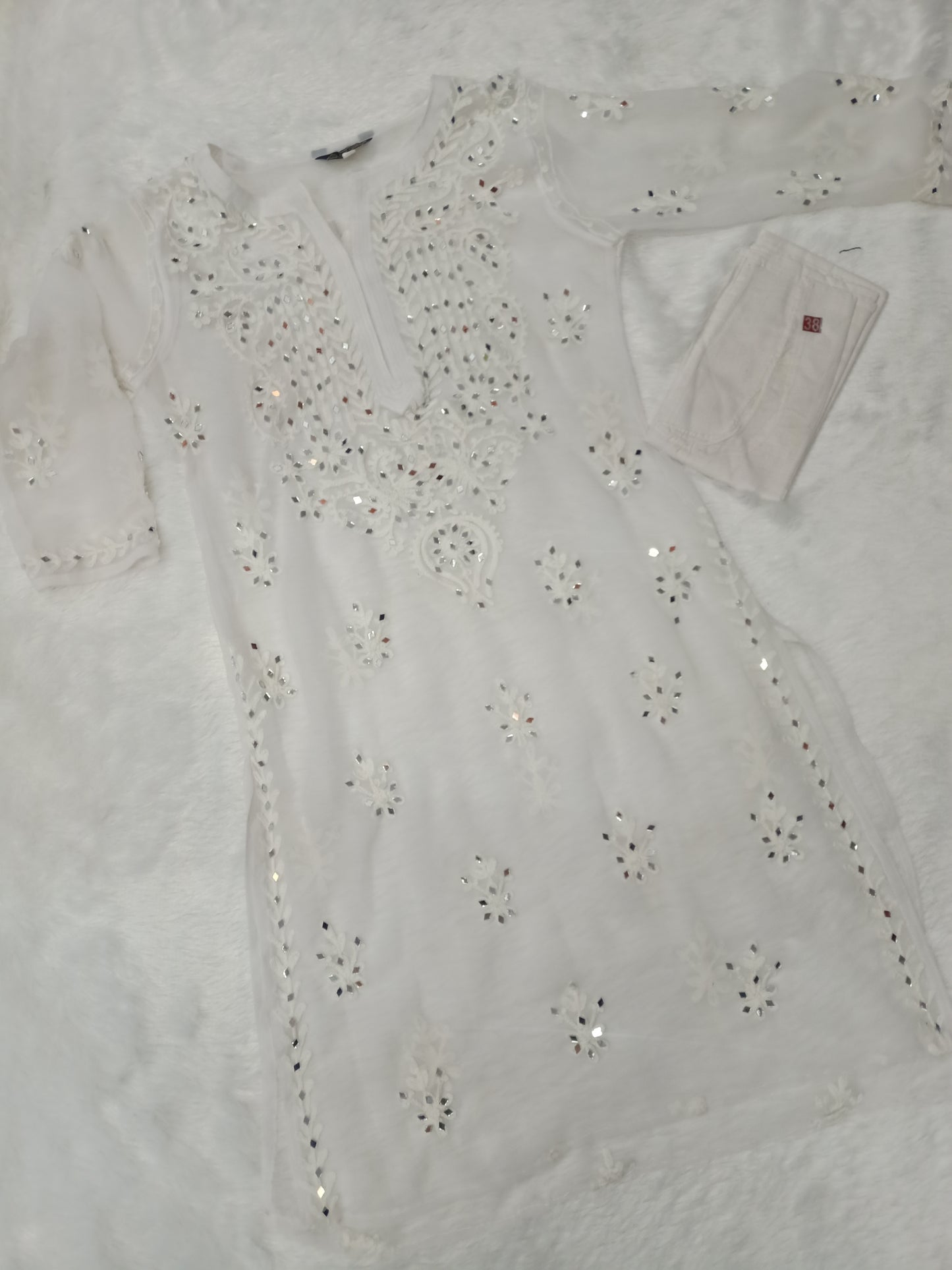 Maria Real Mirror work Aari Chikankari White Long Kurta with Matching camisole (Inner)