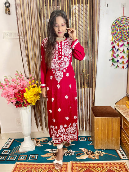 Lucknowi Chikankari Handwork Celebrity Collection – Heavy Rayon (Modal) Long Kurti by ADR Chikan