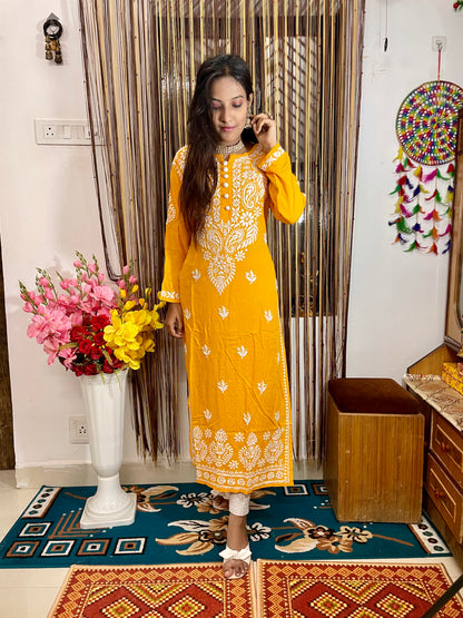 Lucknowi Chikankari Handwork Celebrity Collection – Heavy Rayon (Modal) Long Kurti by ADR Chikan