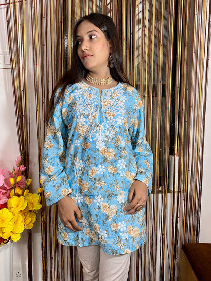 "ADR CHIKAN Embroidered Printed Cotton Lucknowi Chikankari Short Kurti"
