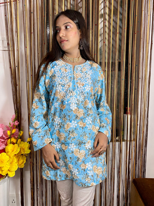 "ADR CHIKAN Embroidered Printed Cotton Lucknowi Chikankari Short Kurti"