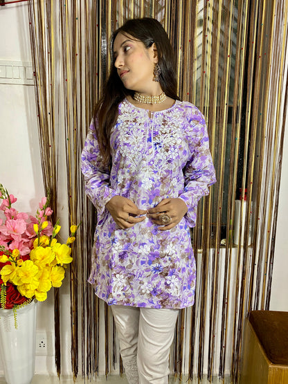 "ADR CHIKAN Embroidered Printed Cotton Lucknowi Chikankari Short Kurti"