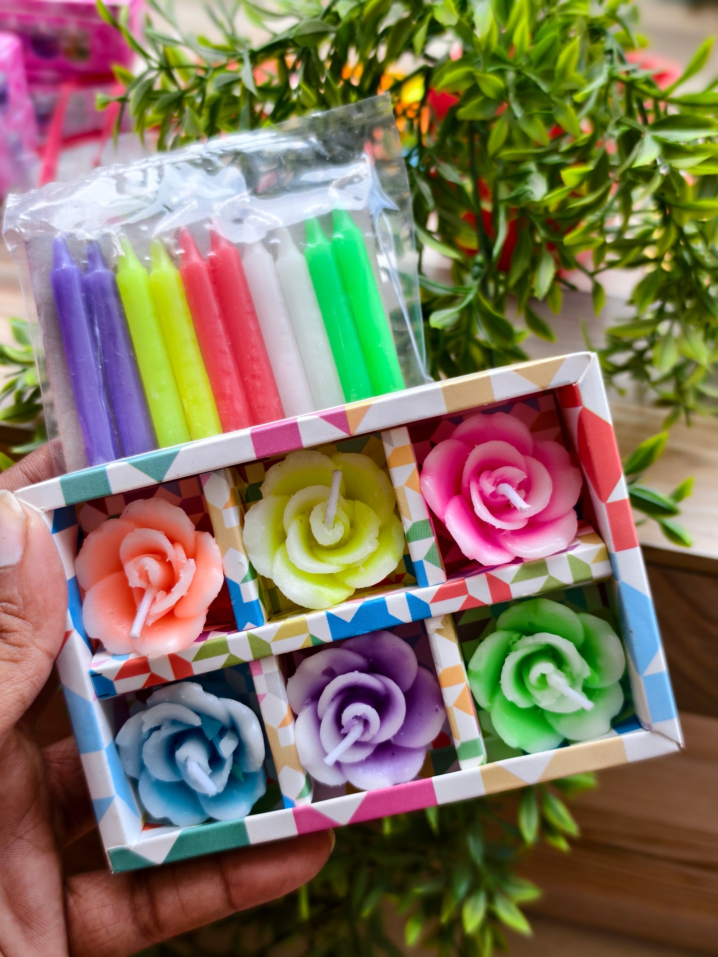 6 Multi Flower Candles Pack with Free 10 Multi Color Candles
