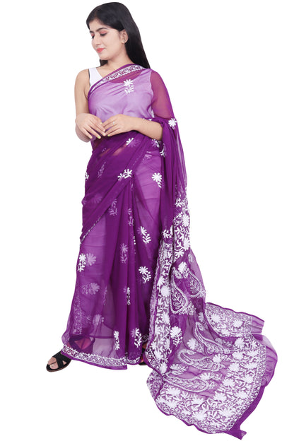 LUCKNOWI CHIKANKARI AARI WORK PALLU SAREE